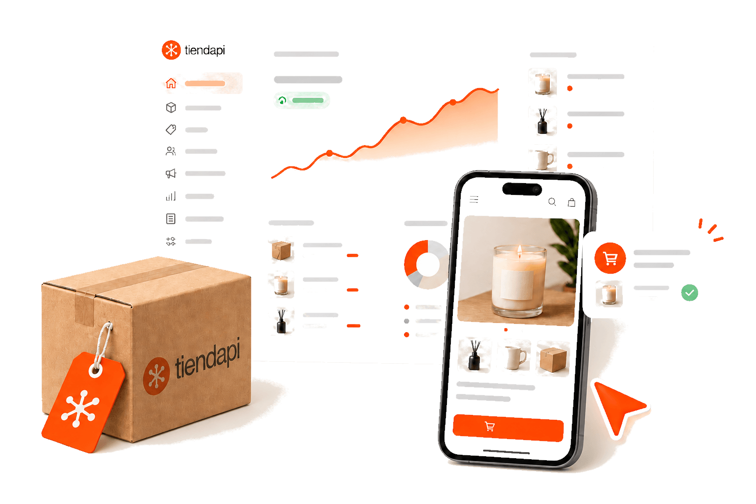 El panel de Tiendapi, una tienda en el celular y una caja de envío